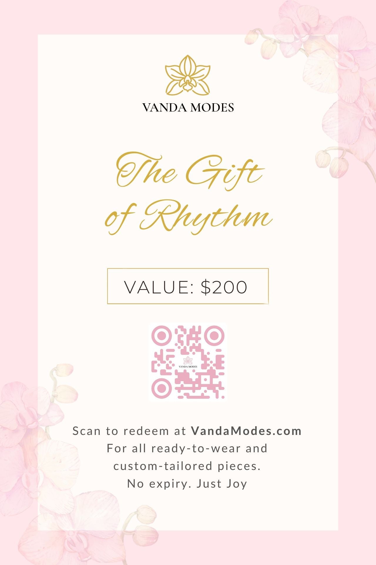 $200 Vanda Modes Gift Card with floral design and QR code. Redeemable online for all collections including custom-tailored and ready-to-wear dresses.
