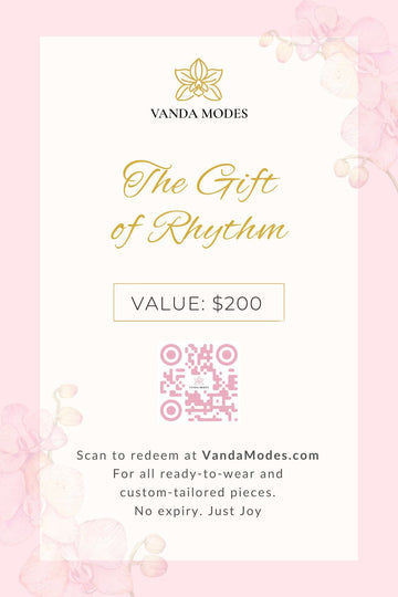 $200 Vanda Modes Gift Card with floral design and QR code. Redeemable online for all collections including custom-tailored and ready-to-wear dresses.